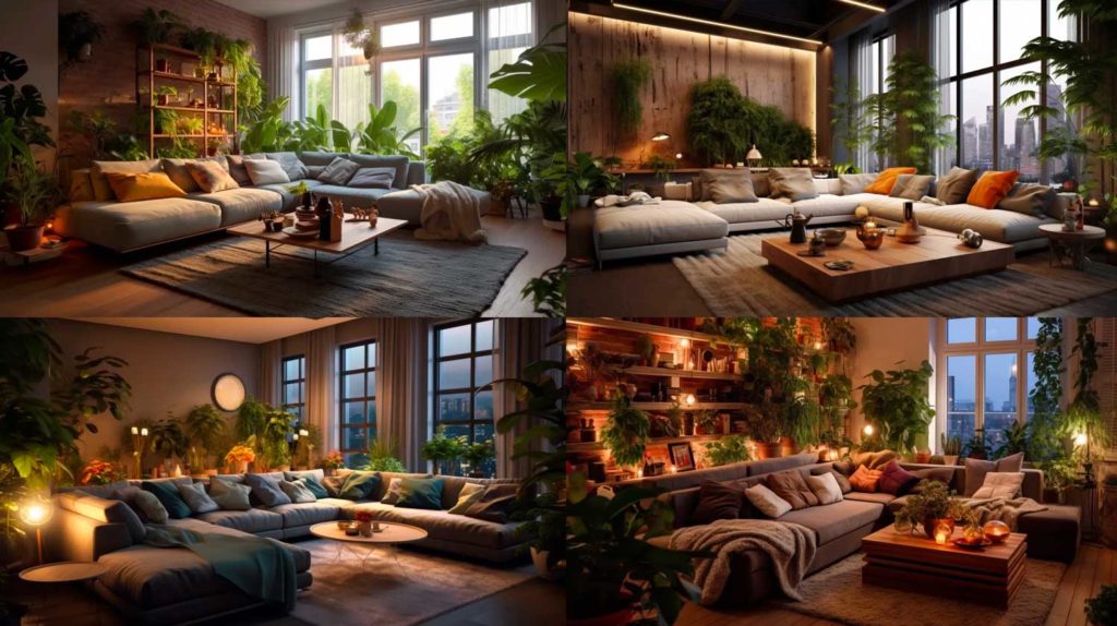 Gemütliches Wohnzimmer mit Kissen und vielen Pflanzen